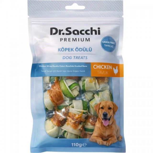 Dr.Sacchi Premium Tavuk Sargılı Çift Renkli Sığır Derisi Düğüm Kemik Tahılsız Köpek Ödülü 8 Li 110 Gr