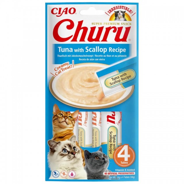 inaba Ciao Churu Cream Ton Balıklı ve Deniz Taraklı Krema Kedi Ödülü 4x14 Gr