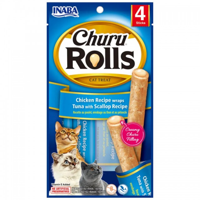 inaba Ciao Churu Rolls Tavuk Sargılı Ton Balıklı ve Deniz Taraklı Kedi Ödülü 4x10 Gr