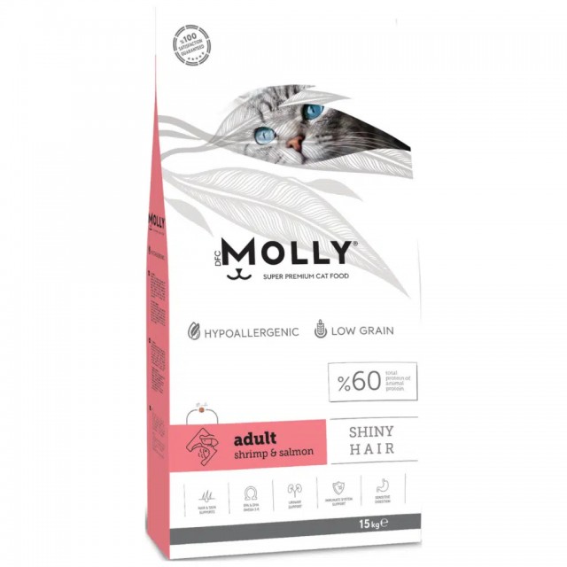 Molly Düşük Tahıllı Hypoallergenic Shiny Hair Karidesli & Somonlu Yetişkin Kedi Maması 15 Kg