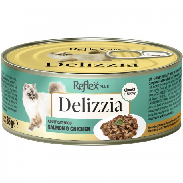 Reflex Plus Delizzia Sos İçinde Parça Etli Somonlu ve Tavuklu Yetişkin Kedi Konservesi Gravy 85 Gr