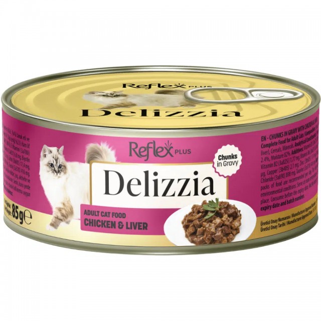Reflex Plus Delizzia Sos İçinde Parça Etli Tavuklu ve Ciğerli Yetişkin Kedi Konservesi Gravy 85 Gr