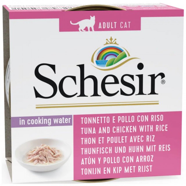 Schesir Cat Naturel Brine Ton Balıklı Tavuk Filetolu ve Pirinçli Kedi Konservesi 85 Gr