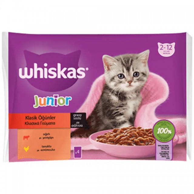 Whiskas Multipack Junior Klasik Öğünler Gravy Tavuklu ve Sığır Etli Yavru Kedi Yaş Maması 4x85 Gr
