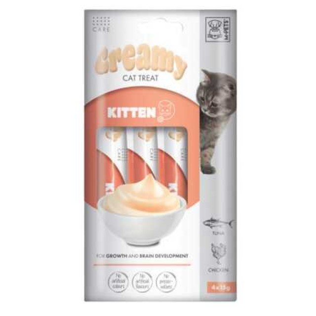 M-Pets Kitten Gelişim Destekleyici Ton Balığı ve Tavuklu Yavru Kediler için Krema Kedi Ödül Maması 4x15gr
