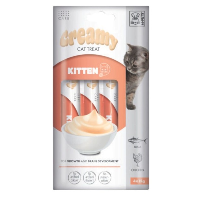 M-Pets Kitten Gelişim Destekleyici Ton Balığı ve Tavuklu Yavru Kediler için Krema Kedi Ödül Maması 4x15gr