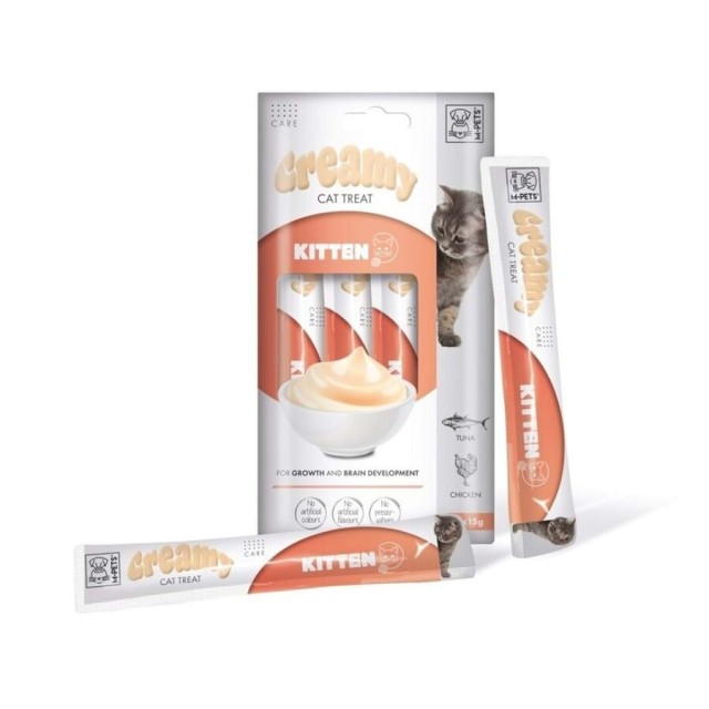 M-Pets Kitten Gelişim Destekleyici Ton Balığı ve Tavuklu Yavru Kediler için Krema Kedi Ödül Maması 4x15gr