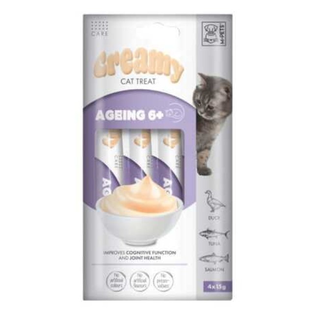 M-Pets Ageing 6+ Ördek Ton Balığı ve Somonlu Yaşlı Kediler için Krema Kedi Ödül Maması 4x15gr