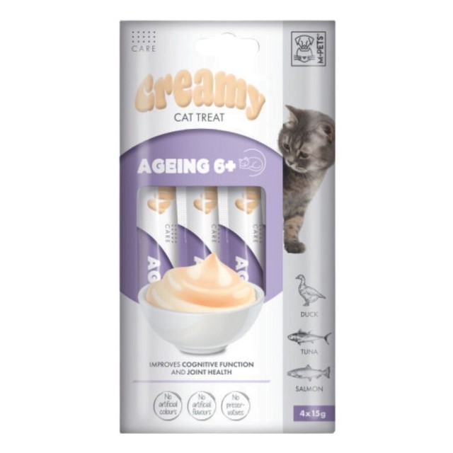 M-Pets Ageing 6+ Ördek Ton Balığı ve Somonlu Yaşlı Kediler için Krema Kedi Ödül Maması 4x15gr