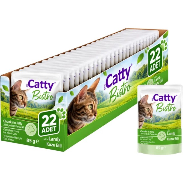 Catty Jöle İçinde Et Parcacıklı Kuzu Etli Yetişkin Kedi Yaş Maması 85 Gr 22 Adet