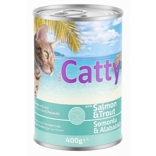Catty Sos İçerisinde Somon Balıklı ve Alabalıklı Yetişkin Kedi Konservesi 400gr