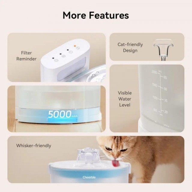 Cheerble E1 Plastik Hazneli Otomatik Kedi Su Pınarı 2 Litre