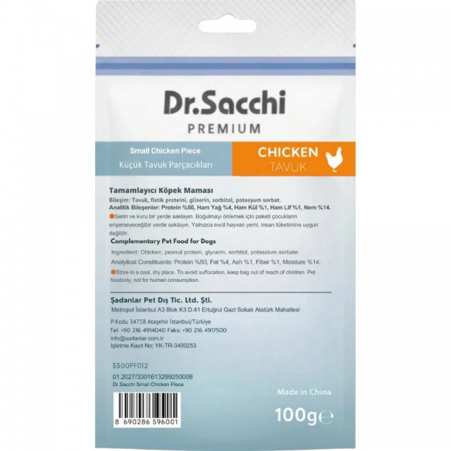Dr.Sacchi Premium Küçük Tavuk Parçacıklı Tahılsız Köpek Ödülü 100 Gr