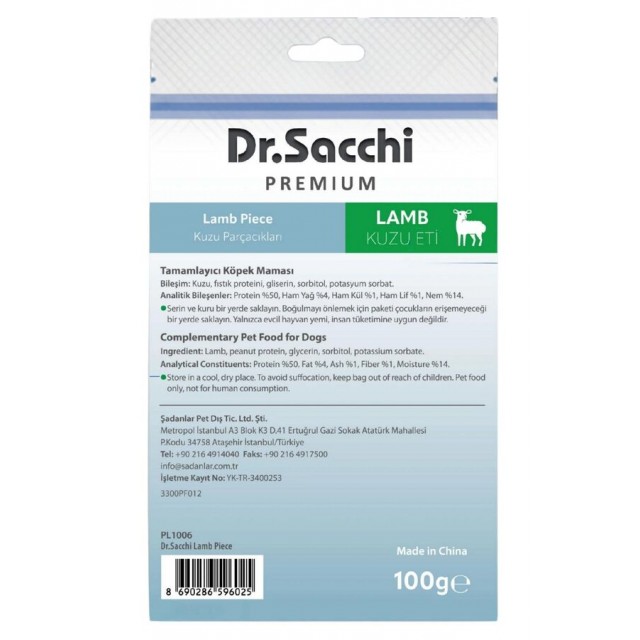 Dr.Sacchi Premium Kuzu Parçacıklı Tahılsız Köpek Ödülü 100gr