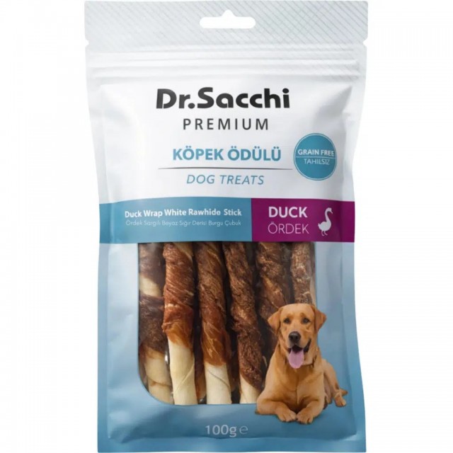Dr.Sacchi Premium Ördek Sargılı Beyaz Sığır Derisi Burgu Çubuk Tahılsız Köpek Ödülü 10 Lu 100 Gr
