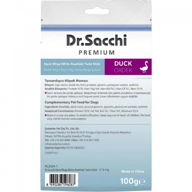 Dr.Sacchi Premium Ördek Sargılı Beyaz Sığır Derisi Burgu Çubuk Tahılsız Köpek Ödülü 10 Lu 100 Gr
