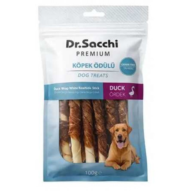 Dr.Sacchi Premium Ördek Sargılı Beyaz Sığır Derisi Burgu Çubuk Tahılsız Köpek Ödülü 5'' 10'lu 100gr