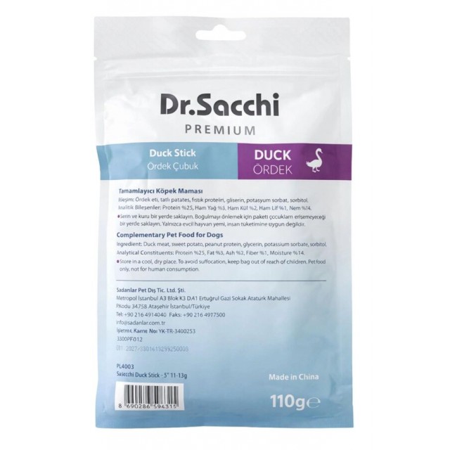 Dr.Sacchi Premium Ördekli Çubuk Tahılsız Köpek Ödülü 5'' 10'lu 110gr
