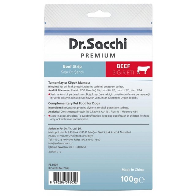 Dr.Sacchi Premium Sığır Eti Şeritli Tahılsız Köpek Ödülü 100gr