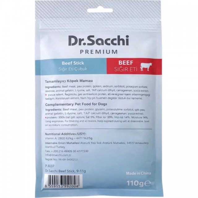 Dr.Sacchi Premium Sığır Etli Çubuk Tahılsız Köpek Ödülü 10 Lu 100 Gr