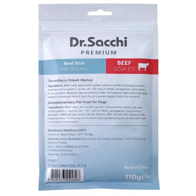 Dr.Sacchi Premium Sığır Etli Çubuk Tahılsız Köpek Ödülü 5'' 10'lu 100gr
