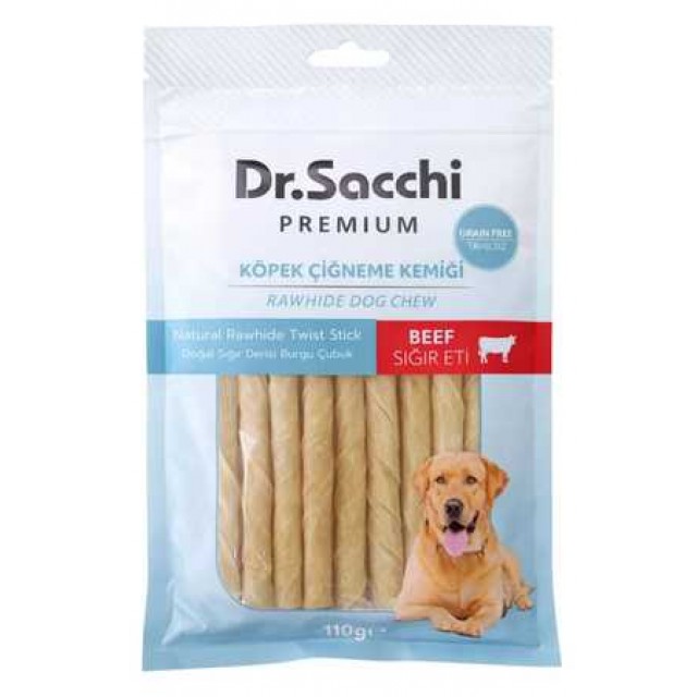 Dr.Sacchi Premium Sığır Etli Doğal Sığır Derisi Burgu Çubuk Tahılsız Köpek Ödülü 5'' 15'li 110gr