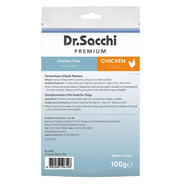 Dr.Sacchi Premium Tavuk Fileto Tahılsız Köpek Ödülü 100gr
