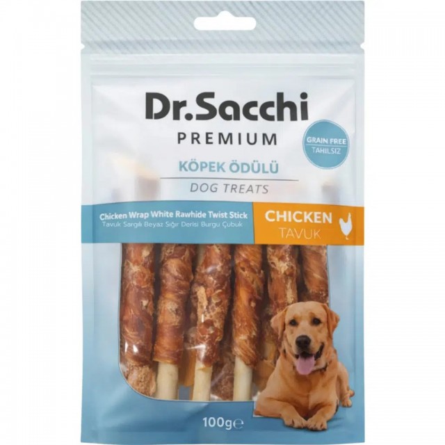 Dr.Sacchi Premium Tavuk Sargılı Beyaz Sığır Derisi Burgu Çubuk Tahılsız Köpek Ödülü 10 Lu 100 Gr