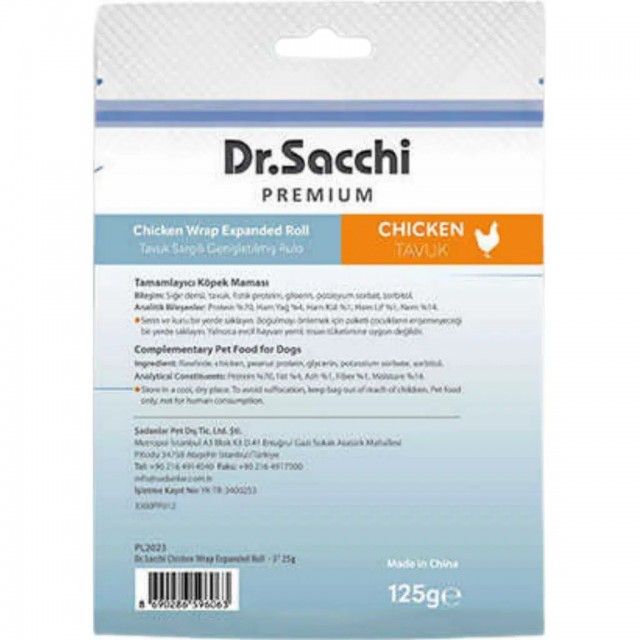 Dr.Sacchi Premium Tavuk Sargılı Rulo Tahılsız Köpek Ödülü 5 Li 125 Gr