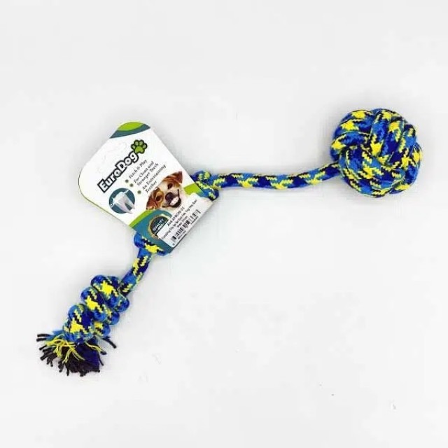 EuroDog Köpek Oyuncağı Diş İpi İki Burgu Tek Top Yeşil Sarı Mavi 30 Cm