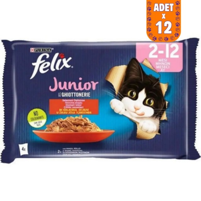 Felix Multipack Junior Sığır Etli ve Tavuklu Yavru Kedi Yaş Maması 4x85 Gr 12 Adet
