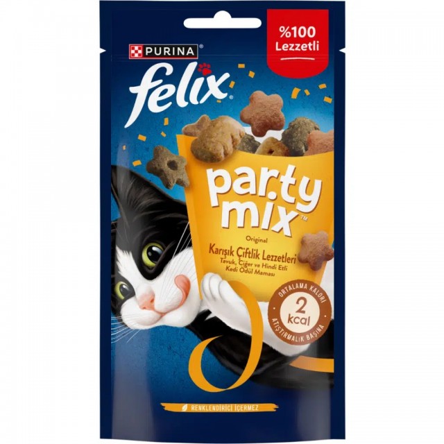 Felix Party Mix Karışık Çiftlik Lezzetleri Tavuk Ciğer ve Hindi Etli Kedi Ödülü 8x60 Gr