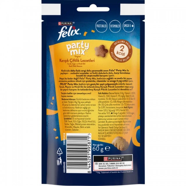 Felix Party Mix Karışık Çiftlik Lezzetleri Tavuk Ciğer ve Hindi Etli Kedi Ödülü 8x60 Gr