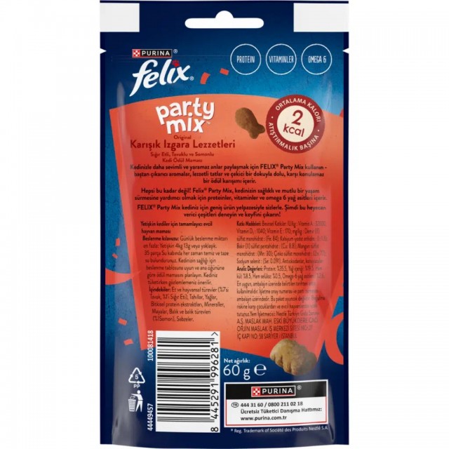 Felix Party Mix Karışık Izgara Lezzetleri Sığır Etli Tavuklu ve Somonlu Kedi Ödülü 60 Gr