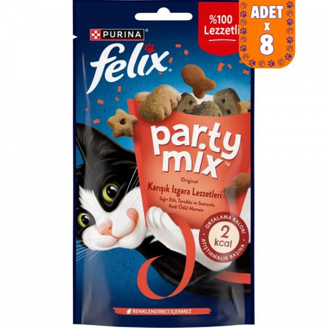 Felix Party Mix Karışık Izgara Lezzetleri Sığır Etli Tavuklu ve Somonlu Kedi Ödülü 8x60 Gr