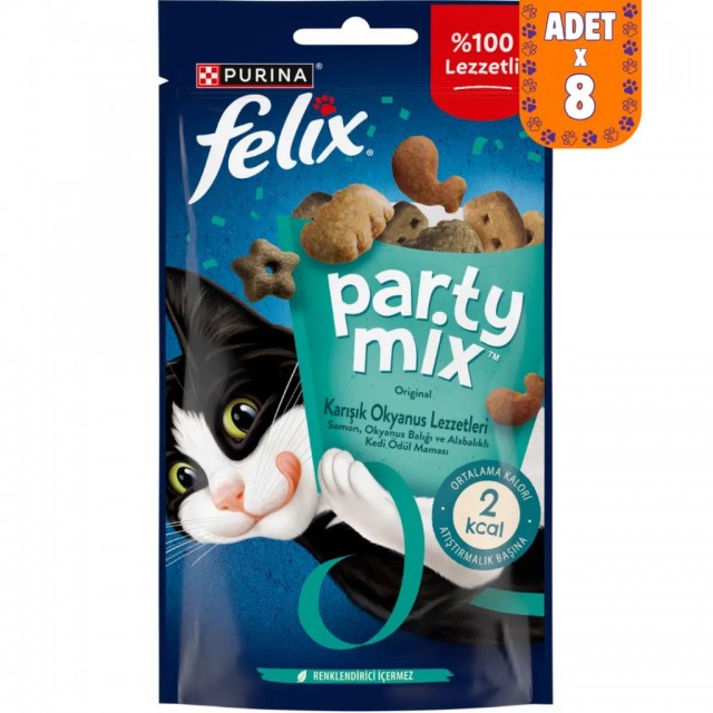 Felix Party Mix Karışık Okyanus Lezzetleri Somon Okyanus Balığı ve Alabalıklı Kedi Ödülü 8x60 Gr