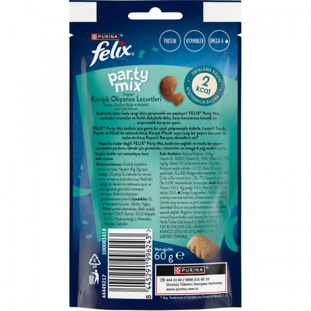 Felix Party Mix Karışık Okyanus Lezzetleri Somon Okyanus Balığı ve Alabalıklı Kedi Ödülü 8x60 Gr