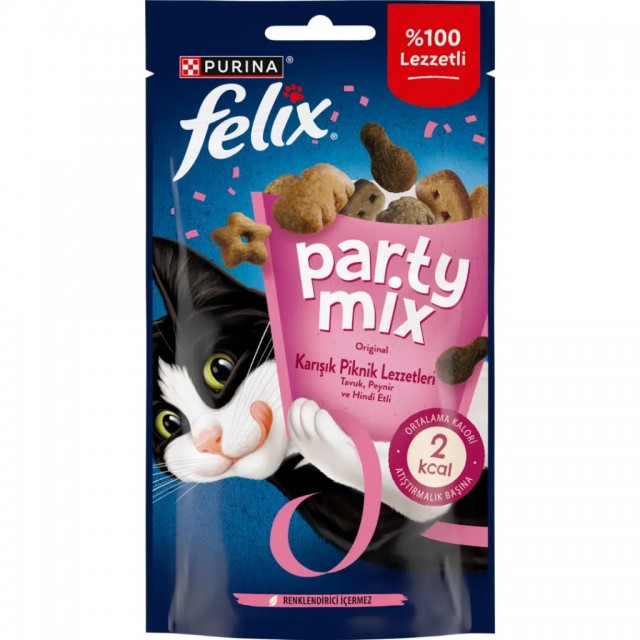 Felix Party Mix Karışık Piknik Lezzetleri Tavuk Peynir ve Hindi Etli Kedi Ödülü 8x60 Gr