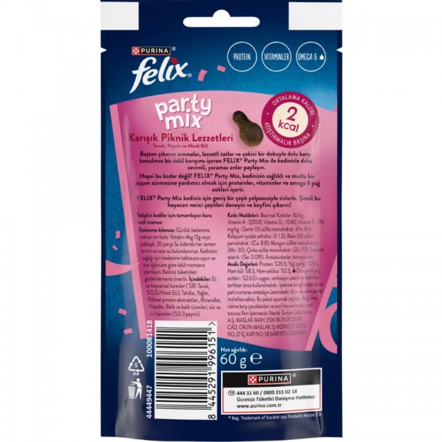 Felix Party Mix Karışık Piknik Lezzetleri Tavuk Peynir ve Hindi Etli Kedi Ödülü 8x60 Gr