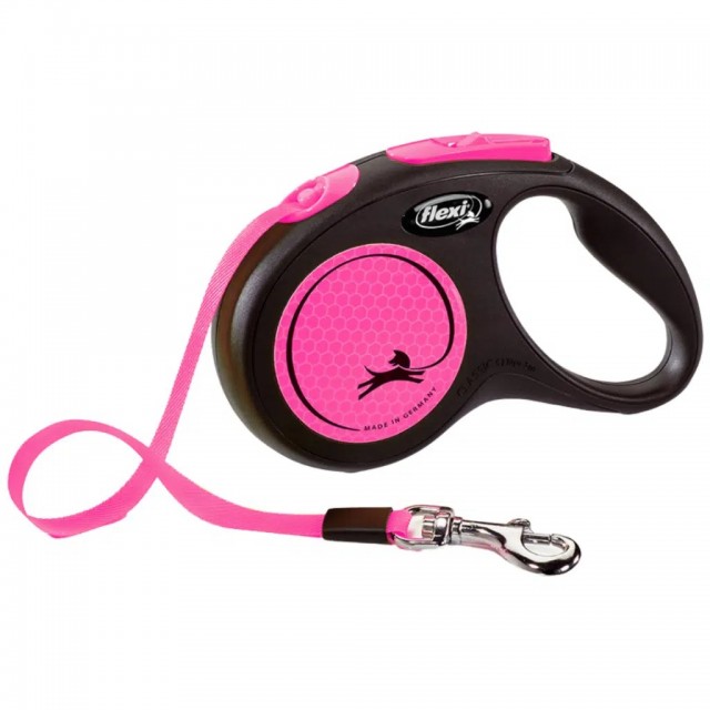 Flexi New Neon Otomatik Şerit Gezdirme Kayışı 5 Metre Medium Pembe