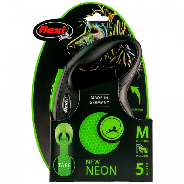 Flexi New Neon Otomatik Şerit Gezdirme Kayışı 5 Metre Medium Yeşil
