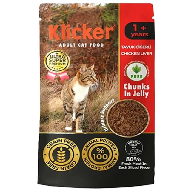Klicker Chunk Tavuklu Ciğerli Tahılsız Yetişkin Kedi Yaş Maması Jelly 85 Gr