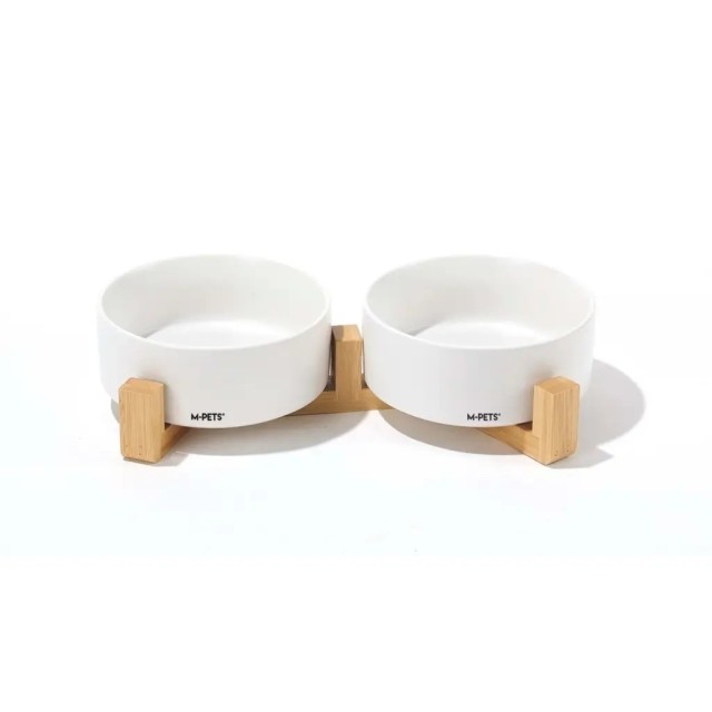 M-Pets Opera Bambu Standlı Seramik Kedi Mama ve Su Kabı 2x350ml (Beyaz)
