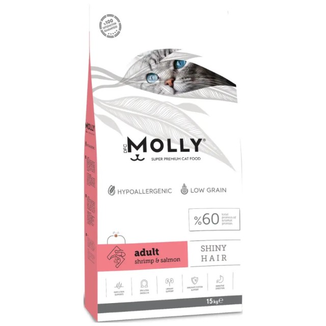 Molly Düşük Tahıllı Hypoallergenic Shiny Hair Karidesli & Somonlu Yetişkin Kedi Maması 15 Kg