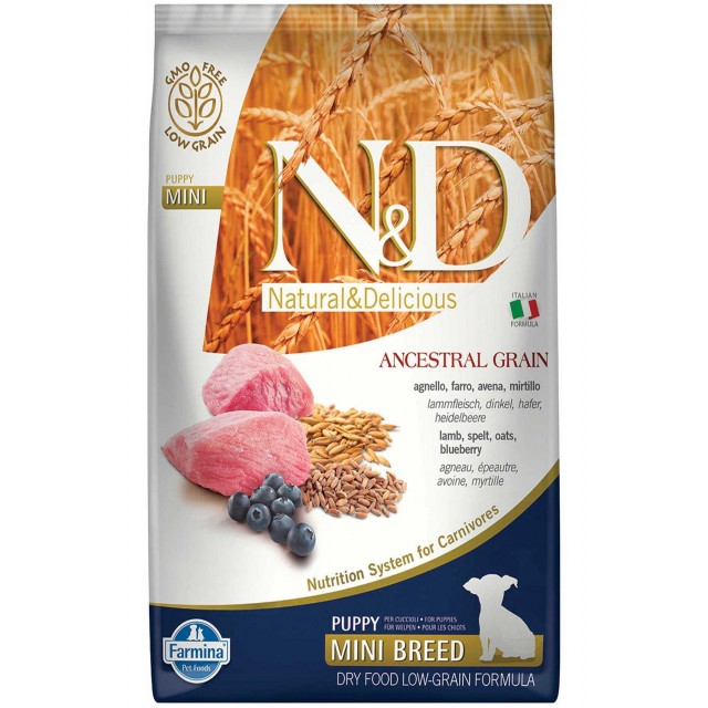 ND Ancestral Grain Düşük Tahıllı Kuzu Eti ve Yaban Mersinli Küçük Irk Yavru Köpek Maması 7kg