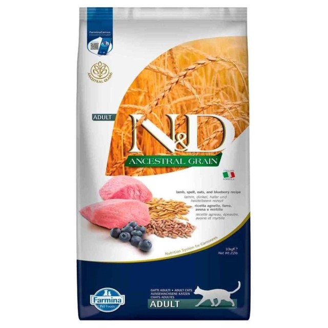 N&D Düşük Tahıllı Kuzu Yaban Mersinli Yetişkin Kedi Maması 10 kg