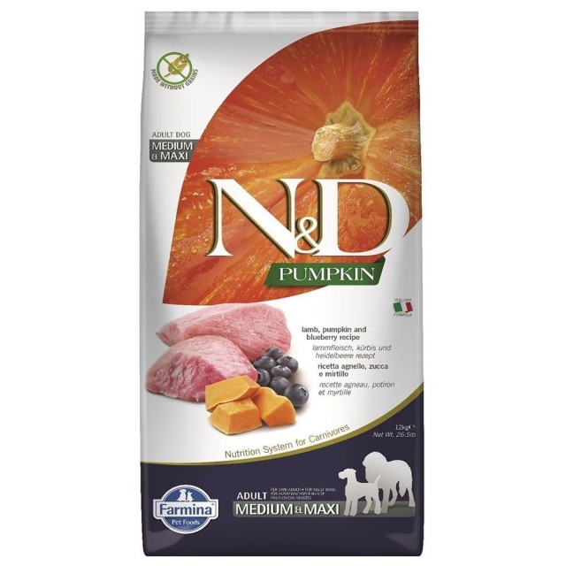 N&D Tahılsız Balkabaklı Kuzulu ve Yaban Mersinli Orta ve Büyük Irk Köpek Maması 12 kg