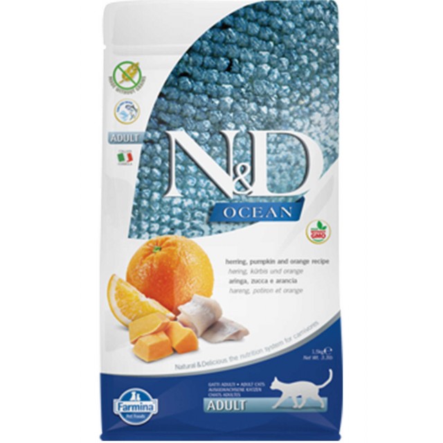 ND Ocean Tahılsız Ringa Balığı Balkabağı ve Portakallı Yetişkin Kedi Mamas 1,5kg