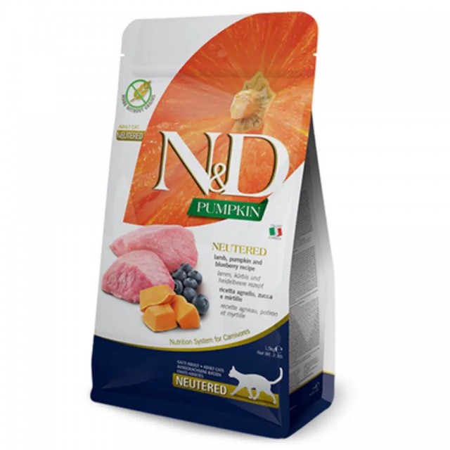 N&D Pumpkin Kuzu Etli Yaban Mersinli ve Balkabaklı Kısırlaştırılmış Kedi Maması 5 Kg