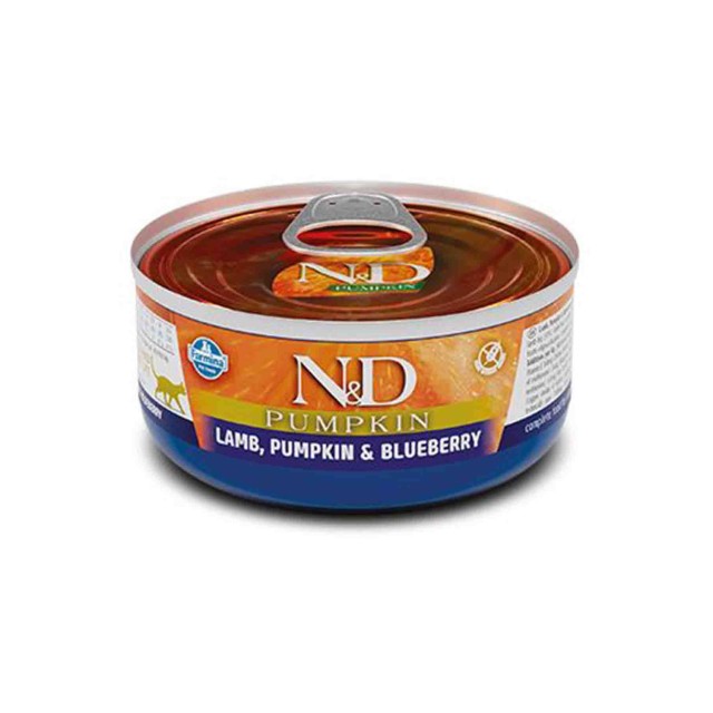 ND Pumpkin Tahılsız Kuzu Eti Balkabağı ve Yaban Mersinli Yetişkin Kedi Konservesi 70gr